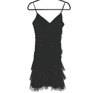 Niki Liva Black Rhinestone Babydoll Ruched Mesh Dress Size 6 Fairy Grunge Whimsi